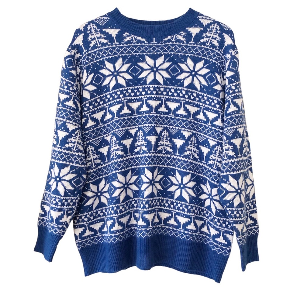 Martini Glass Snowflake Blue White Crew Neck Novelty Sweater Skyy Vodka Large